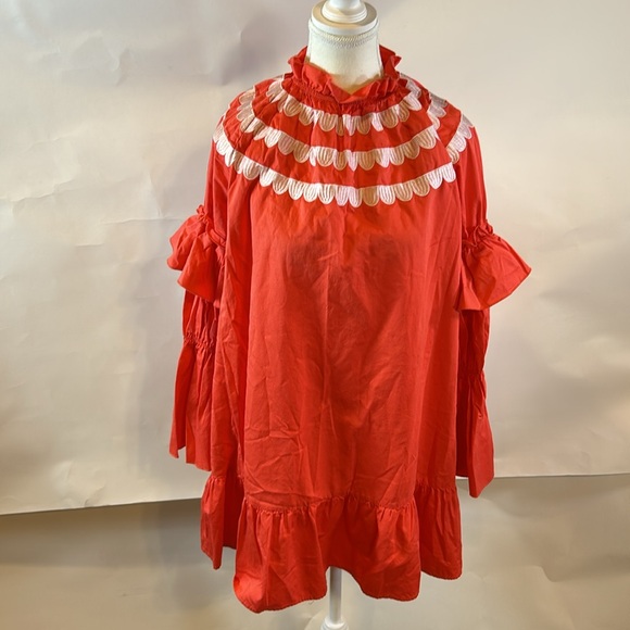 Cynthia Rowley | Coral Mock Neck Long Sleeve Ruffle Embroidered Dress | Small - Picture 3 of 14